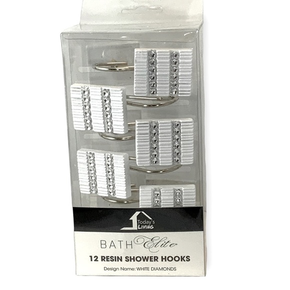 White Diamonds Rhinestone Shower Curtain Hooks Resin White Silver Set of 12 - Picture 1 of 10
